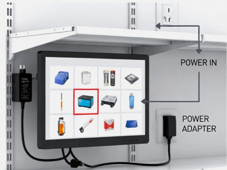 Retail shelf digital signage installation showing electrical circuit capacity planning and cloud-based CMS content management infrastructure Retail shelf digital signage installation showing electrical circuit capacity planning and cloud-based CMS content management infrastructure